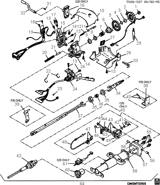 exploded view for the 1996 Chevrolet S10 Tilt Steering Column Services